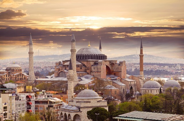 Hagia Sophia in Istanbul, View of the St Sophia Cathedral at sunset
